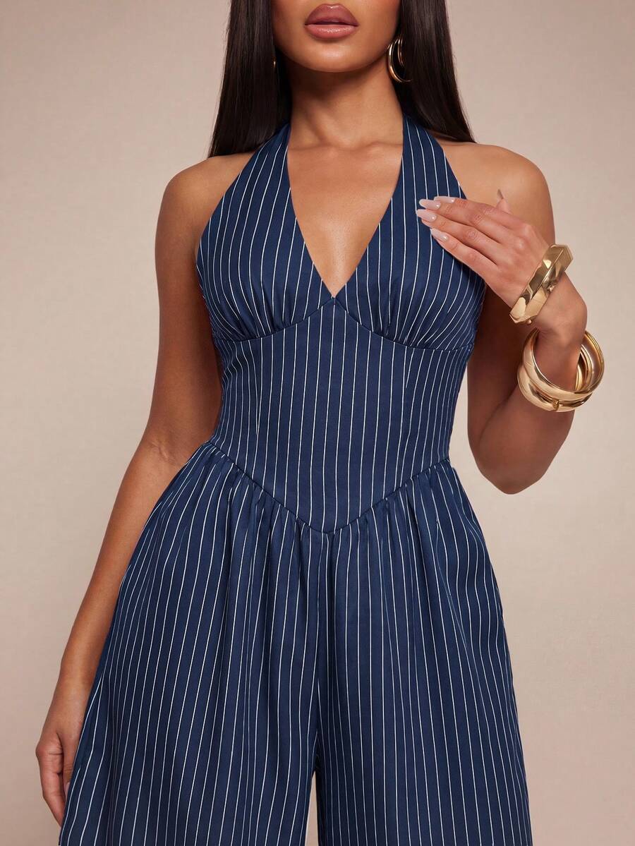 Radiana Plus Size Women's Sexy Elegant Sophisticated Slim Fit Navy Blue Striped Halter Neck Jumpsuit, Suitable For Commuting, Meetings, Office, Siren, Vintage