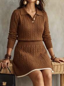 Linhara CURVE Plus Size Women's Knit Sweater & Skirt Set With Shell Buttons, Solid Color Ribbed Collar, Elegant Casual Style For Daily Commute, Office And Vacation - Khaki - View 1