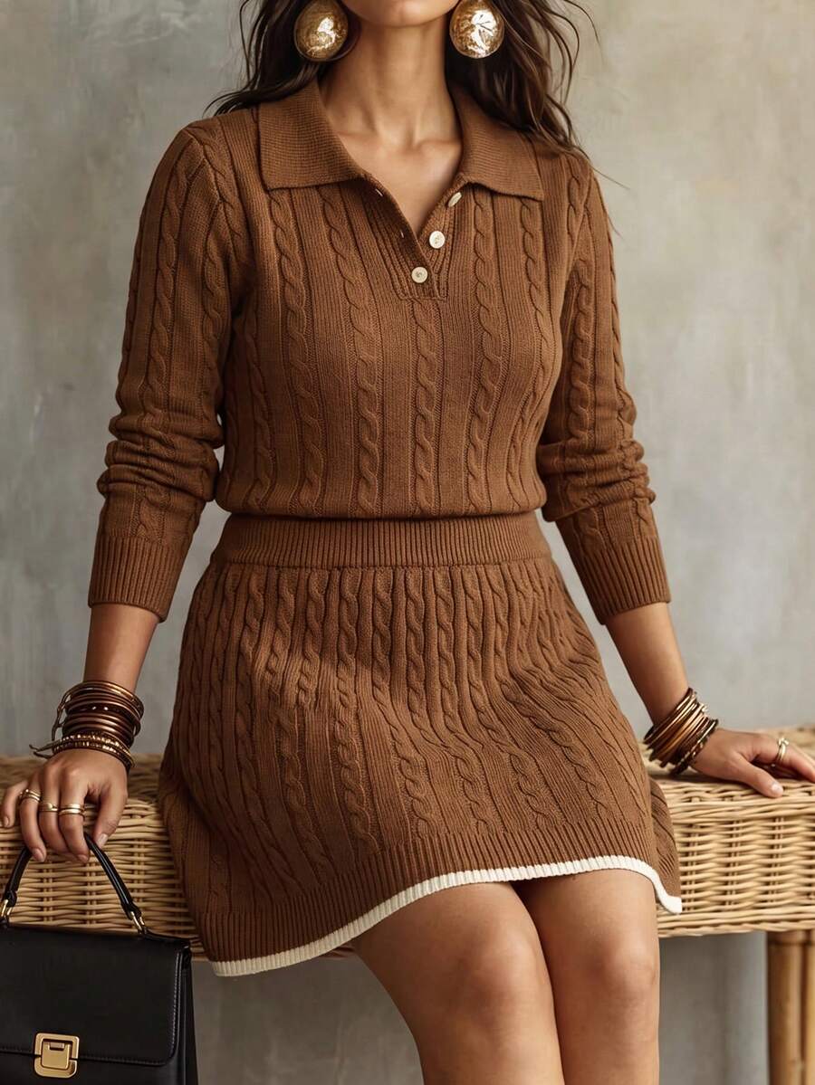 Linhara CURVE Plus Size Women's Knit Sweater & Skirt Set With Shell Buttons, Solid Color Ribbed Collar, Elegant Casual Style For Daily Commute, Office And Vacation - Khaki - View 1
