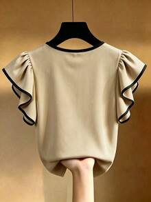 EMERY ROSE 大尺碼法式優雅 V 領黑白對比荷葉邊短袖 T-shirt，修身版型 - 彩色 - 查看 2
