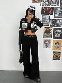 Fiercella Fiercella 女式街头风摩托车字母印花长袖短款夹克 - 黑色 - 查看 4