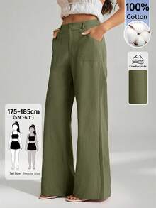 SHEIN Tall 100%水洗棉低腰直筒褲，適合高個女性 - 軍綠色 - 查看 6