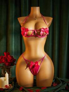SHEIN Set de lencería con abertura con diseño de lazo con aro - Rosa Fucsia - Ver 1