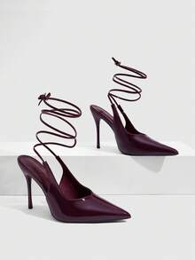 CUCCOO SZL Temperament Burgundy Patent Leather Lace-Up Empty High Heels, Banquet Commuter - Burgundy - View 4