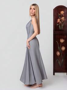 PRISCILA ESCOTO PRISCILA ESCOTO Women's Casual Grey Plain Woven Sleeveless Round Neck Maxi Dress With Flared Hem And Plicated Details Long Tank Dress - Grey - View 6