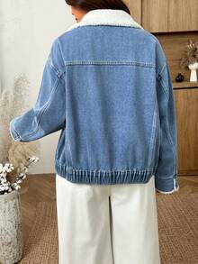 Elaquor Plus Size Women's Zipper Front Long Sleeve Turn-Down Collar Denim Jacket Warm Fur Patchwork Autumn Casual Baggy Going Out Tops Formal Blue And White - Blue - View 3