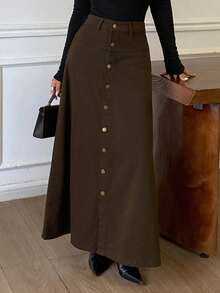 DAZY Women's Single-Breasted Decorative Long A-Line Denim Skirt, Casual Urban Style Fall - Brown - View 1