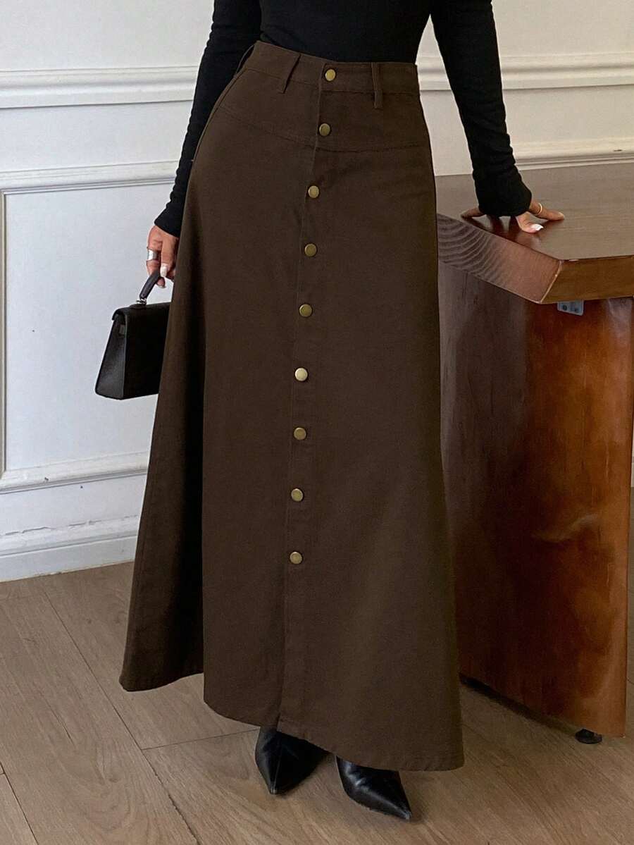DAZY Women's Single-Breasted Decorative Long A-Line Denim Skirt, Casual Urban Style Fall - Brown - View 1