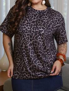 Bibi Tomais Leopard Print Digital Pattern Women Plus Size Loose Fit Round Neck Drop Shoulder Long T-Shirt, Gift For Friends - Multicolor - View 6