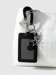 ROMWE Kawaii 1個時尚復古休閒黑色字母愛心星星蝴蝶結彈力繩卡套DIY鑰匙圈包包吊飾，適合女孩與女士佩戴 - 黑色-18 - 查看 2