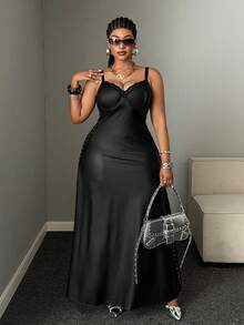 Mawevolt Wet Look Satin Lace Cutout Maxi Slip Dress - Y2K Goth Style - Black - View 1
