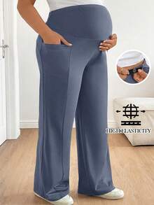 Plussiva Plus Size Maternity Solid Color Adjustable Waistband Pants With Pockets - Grey - View 1