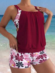 Swim Lushoire 女款度假風百褶背心與花卉印花短褲泳裝兩件套 - 紅色 - 查看 4