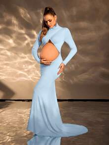 Cheriluna Maternity 孕婦純色高領長袖鏤空設計孕婦洋裝 - 淺藍色 - 查看 4