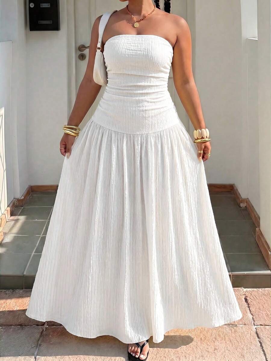 Muchica Plus Size Women's Sleeveless Bandeau Waist-Cinched Ruffle Hem Dress - White - View 1