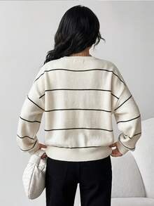 SHEIN 宽松休闲条纹套头毛衣，适合少女穿着，舒适百搭，厚实保暖，适合秋冬 - 黑與白 - 查看 7