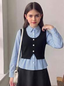 少女藍色羅紋拼接毛絨面料翻領V領收腰設計高端優雅洗鍊返校派對穿搭秋季襯衫上衣新款時尚必備小眾設計百搭長袖拼接女襯衫 - 彩色 - 查看 7