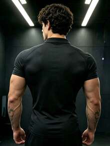 GymBeat Men's Striped Print Button Half-Placket Short Sleeve Sports Polo Shirt, Gym - Black - View 2
