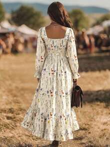 LanaWest CURVE Vacation Style Square Neck Long Sleeve Dress, Bohemian Style Dress With Asymmetrical Ruffle Hem, Plus Size Fall - Multicolor - View 2