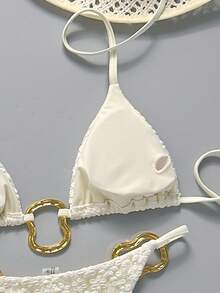 Sirith 3-Piece Shiny Summer Casual Pool Party Vacation Holiday Solid Color Halter Triangle Bikini Set With Metal Rings And Mesh Beach Skirt - White - View 5