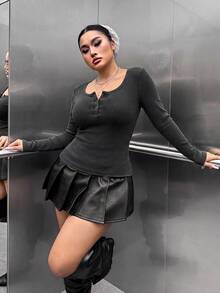 Muchica Plus Size Women's Early Autumn Solid Color Washed Distressed Retro 80s 90s Slim Fit Casual Long Sleeve T-Shirt White Formal Vacation Black - Black - View 5