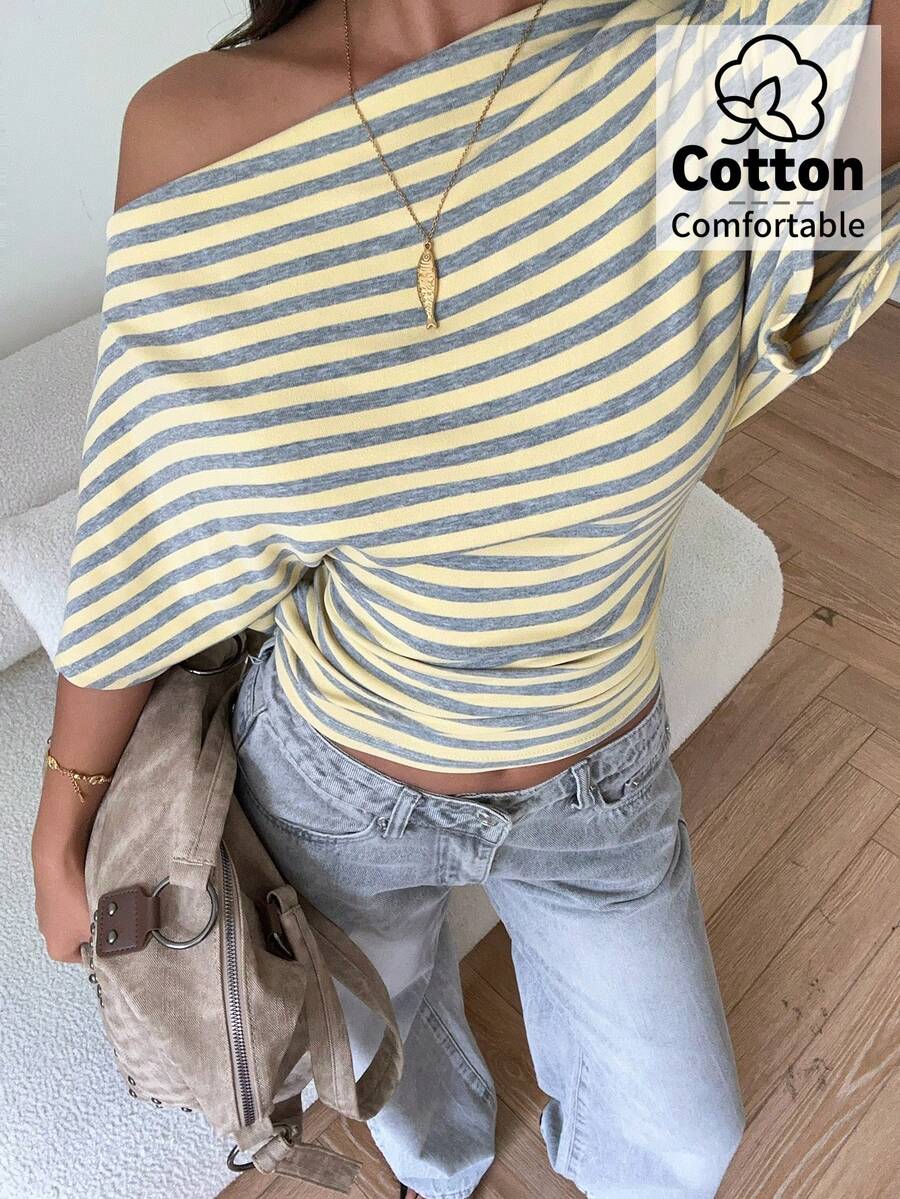Aloruh Women's Striped Asymmetrical Shoulder Loose Top With Ruched Waist, Simple Basic T-Shirt - Pale Yellow - View 1