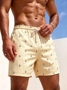 Manfinity KASUA American Navy Style Anchor Print Shorts For Men, Summer Light Yellow Striped Beach Surfing Shorts - Yellow - View 4