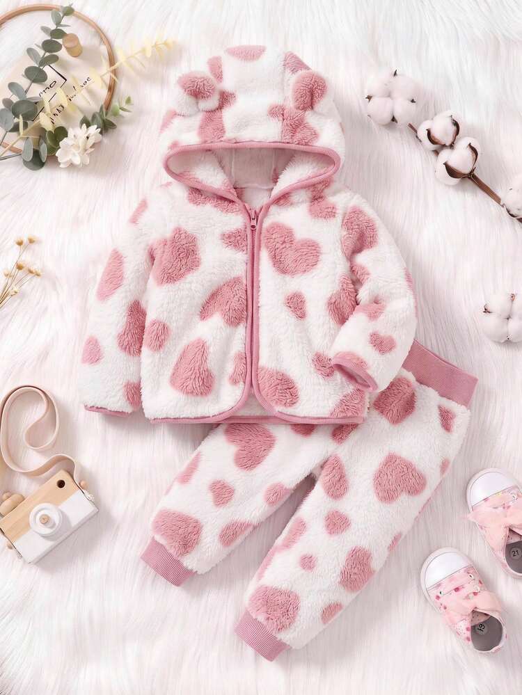 SHEIN Babygirl Cute Casual Fluffy Heart Pattern Jacket Set - Pink - View 1