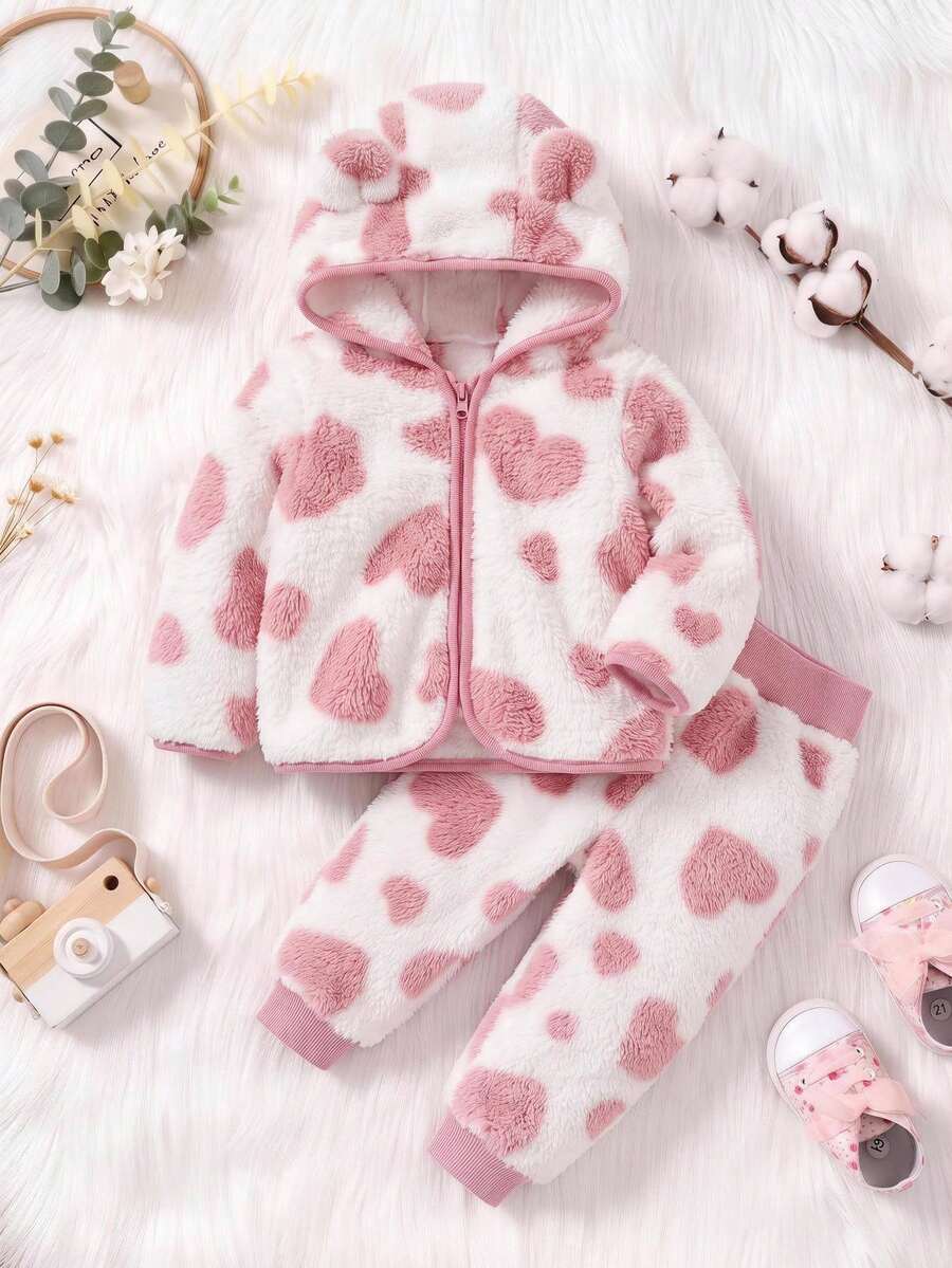 SHEIN 女嬰可愛休閒毛茸茸愛心圖案夾克套裝 - 粉色 - 查看 1