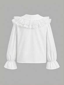 SHEIN 少女大領蕾絲飾邊串珠彼得潘領長袖紋理襯衫 - 白色 - 查看 4