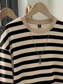 SHEIN EZwear 女款條紋拼色圓領長袖寬鬆T恤，適合夏季 - 彩色 - 查看 3