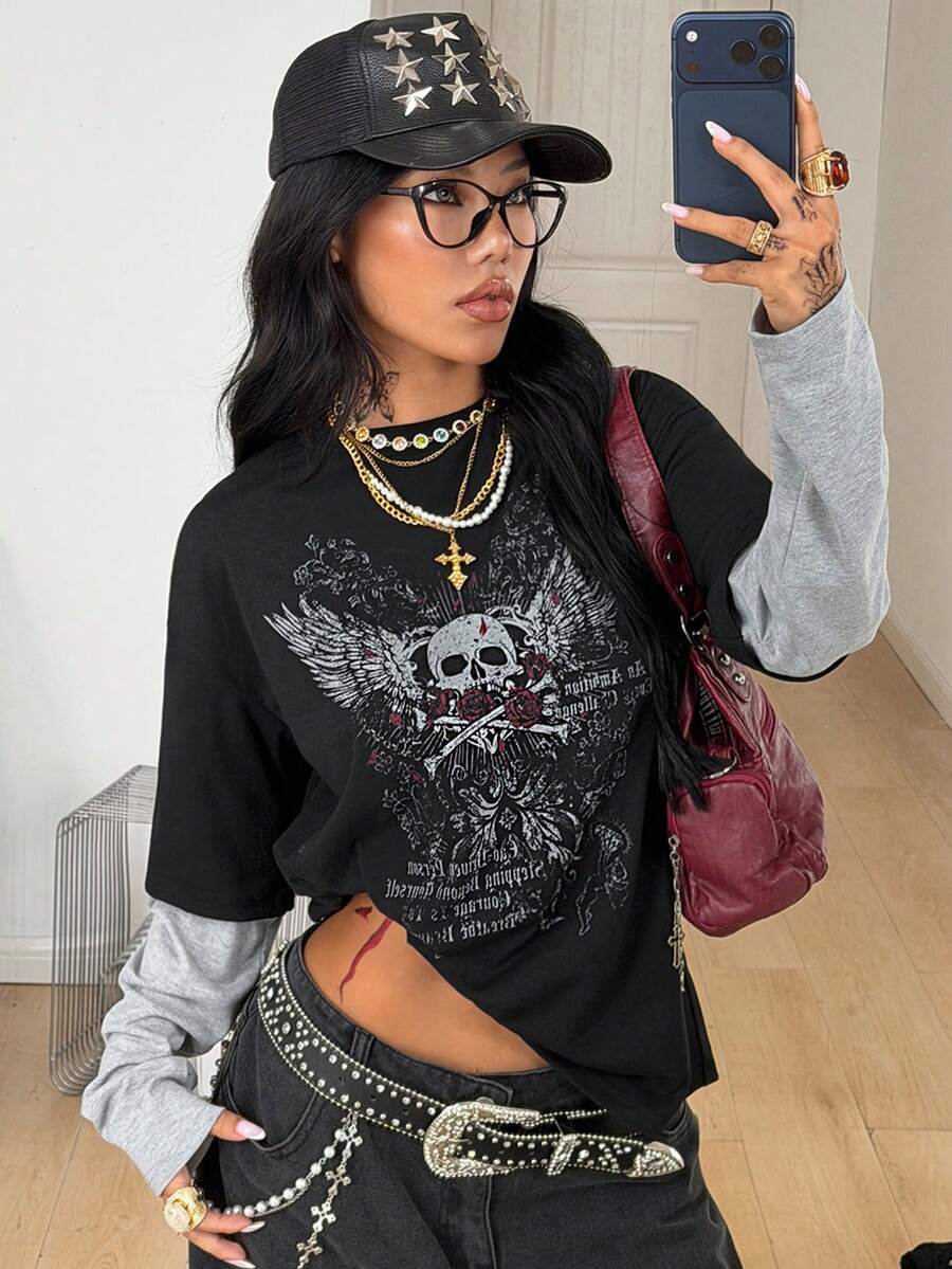 Coolane 女款拼色拼接骷髏翅膀標語印花T恤 - 黑色 - 查看 1