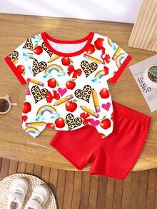 SHEIN Elladie kids (1套) 返校季女童幼兒豹紋愛心鉛筆蘋果蝴蝶結彩虹紅白拼色基礎短袖T恤與單車褲節慶套裝 - 彩色 - 查看 6