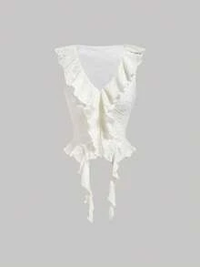 SHEIN MOD 白色无袖短款上衣，带宽褶边和不对称下摆，飘逸舒适女式背心，布里奇顿，夏季 - 白色 - 查看 2