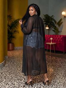 Slaydiva 2026 Spring/Summer Women's Plus Size New Bold, Classy Feminine Style Tummy Control Fit Breathable Elegant Romantic Classic Black Long Sleeve Chiffon Bow Tie Blouse - Black - View 2