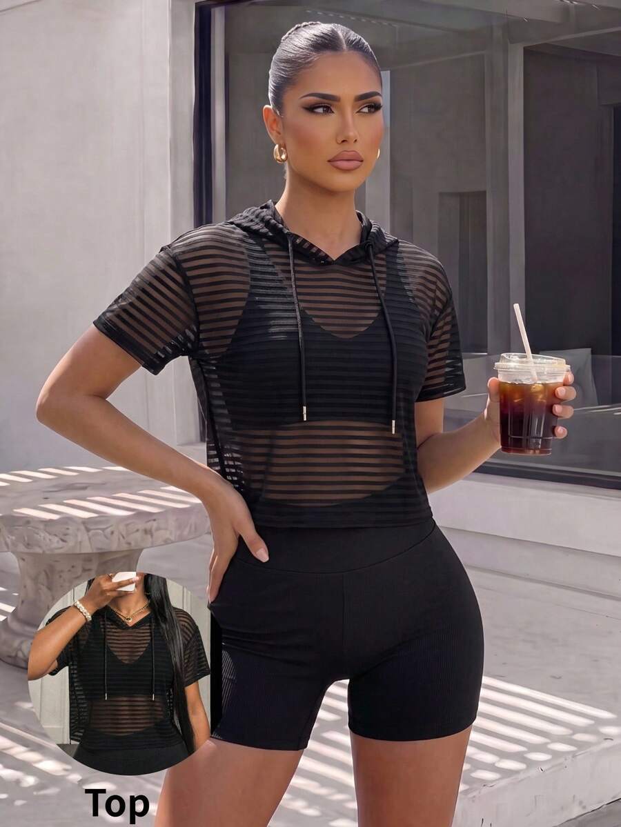 BamGleam Sudadera deportiva con capucha de malla a rayas - Negro - Ver 1