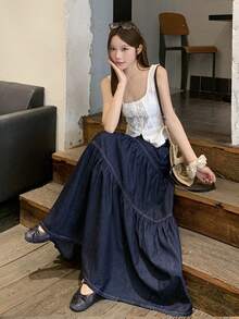 DAZY Women's Long Vacation Style Washed Denim Skirt Cute Tops - Dark Wash - View 2