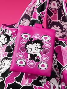 Betty Boop x SHEIN Retro Girl & Heart Print Large Capacity Foldable Polyester Shopping Bag, Reusable Grocery Tote With Storage Pouch - Pink White Black - View 4