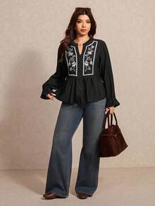 Elaquor Plus Size Women's Floral Embroidered Notch V-Neck Long Sleeve Casual Blouse Fall - Black - View 7