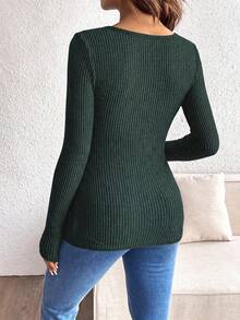 SHEIN Maternity Solid Color Round Neck Ribbed Nursing Long Sleeve T-Shirt - Army Green - View 2