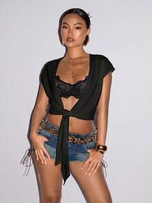 SHEIN ICON 女款深V領黑色打結繆思風上衣 - 黑色 - 查看 4