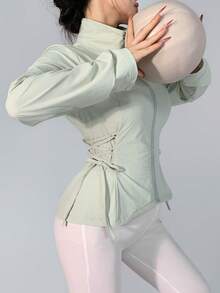 DAZY 女款長袖綠色抽繩收腰運動健身休閒戶外夾克，韓風，秋/夏 - 綠色 - 查看 7