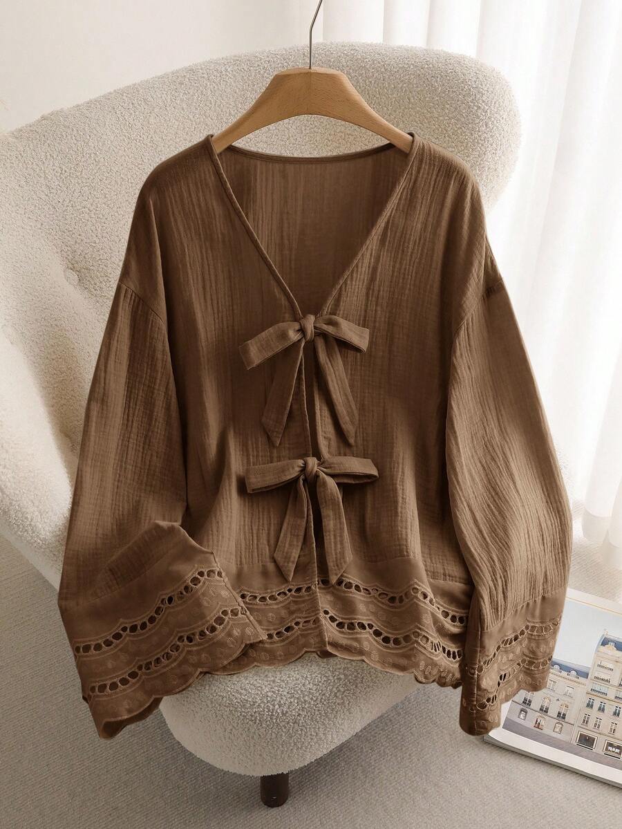 CosyJoli Plus Size Casual Lace-Up Ruffle Patchwork Textured Fabric V-Neck Long Sleeve Shirt Fall - Brown - View 1