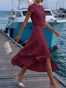 Editum Women's Round Neck Short Sleeve Button-Down Shirt + Side Zipper Faux Pocket Umbrella Skirt, Elegant Commute Brunch Vacation Burgundy Summer Halloween - Burgundy - View 1