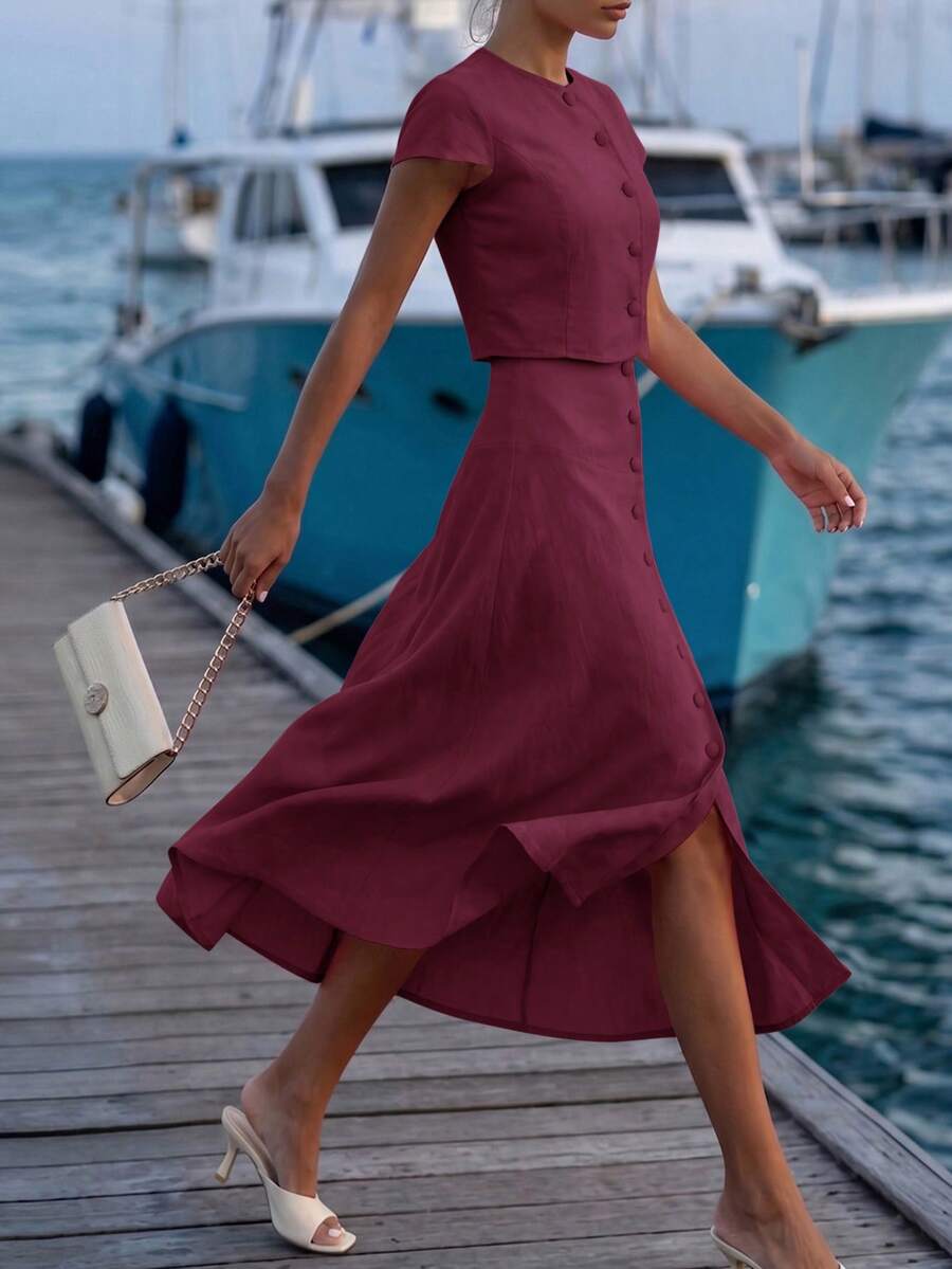 Editum Women's Round Neck Short Sleeve Button-Down Shirt + Side Zipper Faux Pocket Umbrella Skirt, Elegant Commute Brunch Vacation Burgundy Summer Halloween - Burgundy - View 1