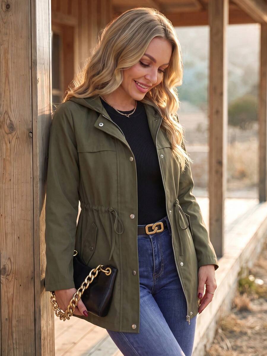 SHEIN Drawstring Waist Hooded Coat Fall Winter Cloth For Women - Army Green - View 1