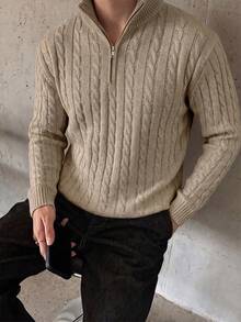 Manfinity Homme Suéter de punto de cable vintage con cuello en V para hombre, talla pequeña, manga larga, casual con textura para otoño/invierno, color avena, suéter de lana holgado, minimalista, versátil para el trayecto diario, nuevo, suave, efecto estilizante, punto acanalado vertical - Caqui - Ver 3