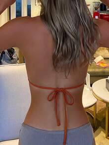 SHEIN Swim 女款 2025 春夏 純色掛脖比基尼泳衣上衣，適合海灘、海邊、節慶與派對 - 咖啡棕 - 查看 2