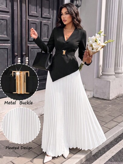 Modelyn Women's Elegant Business Casual Long Sleeve Black Jacket With Metal Buckle Waist Accent, Paired With Contrasting Color Versatile Pleated Skirt, Elegant 2-Piece Set