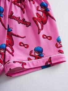 Miraculous Ladybug X SHEIN 少女夏季滿版印花對比滾邊翻領短袖襯衫與短褲睡衣套裝 - 粉色 - 查看 7
